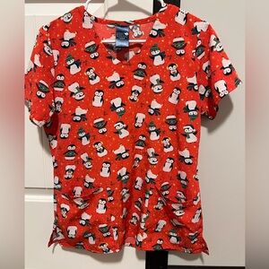 Red Penguin Scrub Top